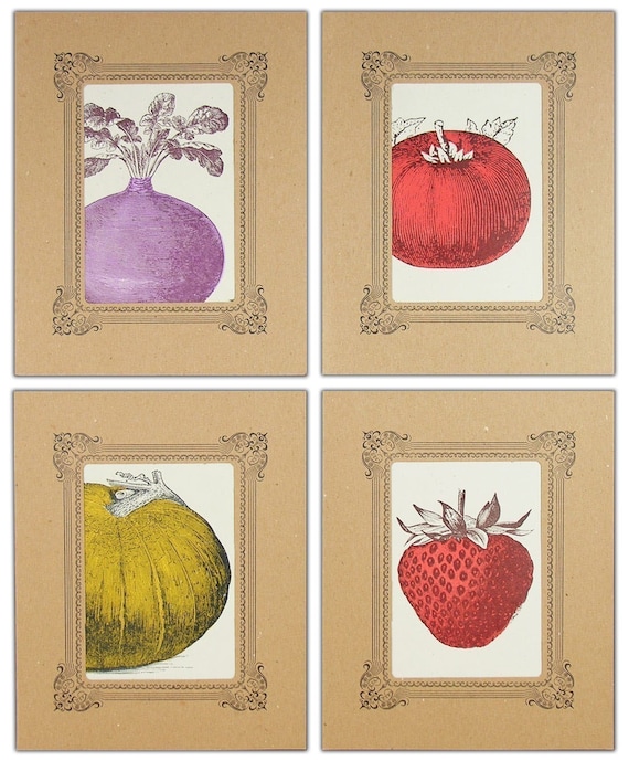 VEGETABLE ART PRINTS, fruit art, Farmers Market, Letterpress art, garden prints, Strawberry art, kitchen prints, Tomato, food art, pumpkin