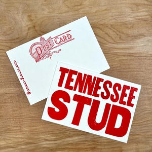 TENNESSEE STUD Set of 6 RED Postcards, Hand Printed Letterpress, small prints card, tennessee cowboy, man in black, johnny cash, wood type