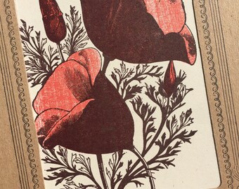 RED POPPY FLOWER Hand Printed Letterpress Print 8x10 in Kraft Mat flowers botanical spring garden blooming gardening gift illustration art