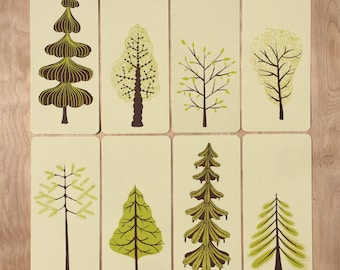 CHRISTMAS TREE CARDS Letterpress Print, Merry Christmas, Happy Holidays, 8 different designs to frame or mail, hiking camping nature art