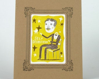 SELF DECAPITATION magician Letterpress Print in a Kraft Letterpress Vignette Mat