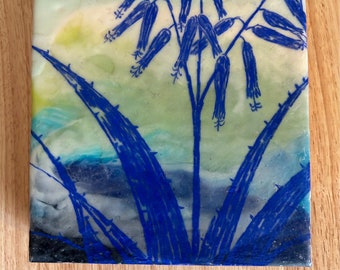 Aloe Vera PAINTING, ENCAUSTIC melted beeswax with drawing on wood, blue green wall decor, Abstract landscape 6x6 square plant art gift