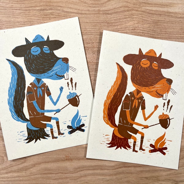 PAIR of Camping SQUIRRELS Roasting ACORN cards hand printed letterpress orange and blue campfire scouts outside outdoorsy bonfire nature art