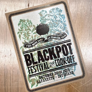 BLACK POT FESTIVAL Jasmine Cajun Music & Cookoff 2015, Hand Printed Letterpress, Lafayette Louisiana cooking, French art, flower engraving