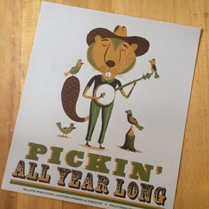 BANJO POSTER, BEAVER playing a Banjo Poster, Hand Printed Letterpress Print, bluegrass, old time clawhammer banjo art, Nashville music gifts