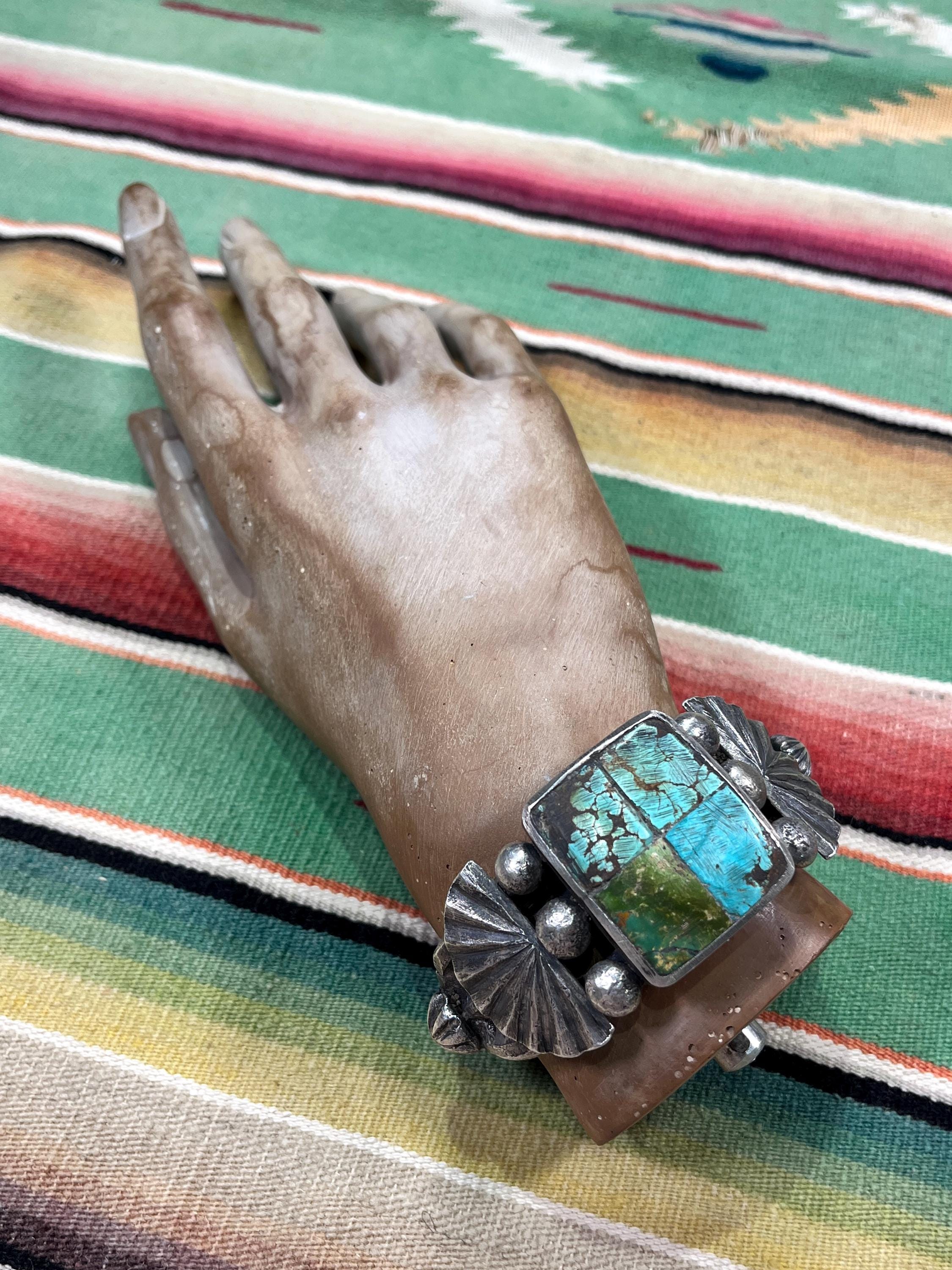 Jock Favour CUFF Bracelet TURQUOISE STONE Inlay Coin Silver