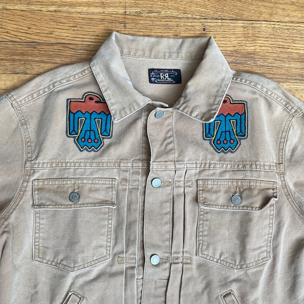 VINTAGE RRL buckle back coat, Ralph Lauren Khaki denim jean Jacket, Cowboy Western, southwestern, Thunderbird, Buffalo bison chainstitch