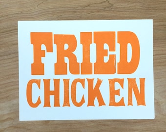 1 Orange FRIED CHICKEN greeting card, Letterpress kitchen art, Southern diner cooking, Comfort food, gift, 8 piece box, picnic, poultry card