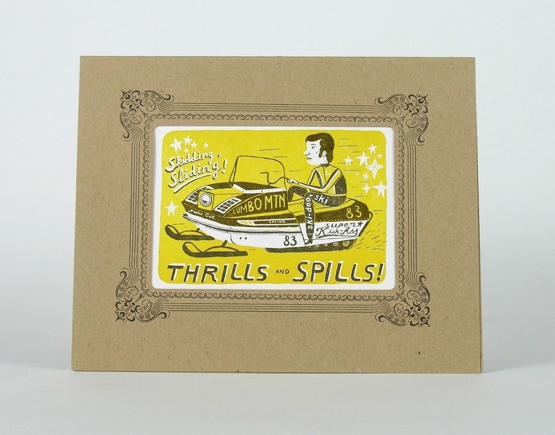 SNOWMOBILE Letterpress Print Thrills and Spills in a Letterpress Vignette Mat image 1