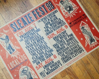 SLEAZEFEST 1998 POSTER, Letterpress poster Chapel Hill NC festival, Flat Duo Jets, Southern Culture on the Skids, Fleshtones, Woggles bands