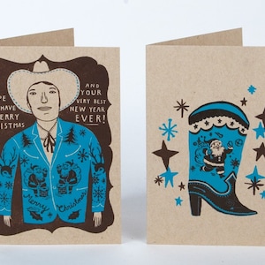 SANTA Western Suit Cowboy Boots Letterpress Cards with Envelopes 4 pack Brown & Turquoise, Cowboy Santa, Vintage Western Wear, Nudie Suit