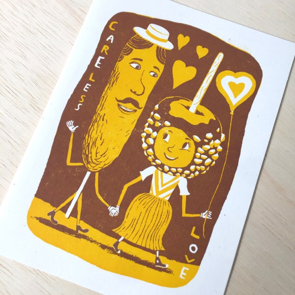 1 yellow CARELESS LOVE greet card CARNIVAL hand printed letterpress corn dog candy apple brown sweet mustache sideshow hand holding food art