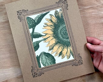 SUNFLOWER Blooming Botanical Print VIGNETTE Kraft Mat Frame Letterpress vintage flower engraving sunny happy flowering floral gift art