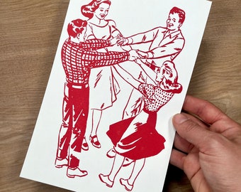 1 DANCING COUPLES Hands Across Print RED Ink hand printed letterpress, dancers, western swing, contra dance, honky tonk two stepping card