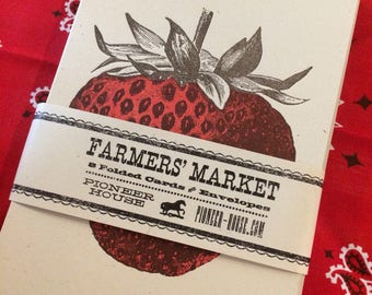 LOW STRAWBERRY GREETING Cards Farmers Market Hand Printed Letterpress Card Pack of 8, fruit art, farm to table, organic, kitchen stationary