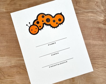 Annonce de naissance d'enfant nouveau-né chenille imprimée à la main, impression typographique 8 x 10, cadeau de famille pour baby shower, décoration de chambre d'enfant pour chambre d'enfant
