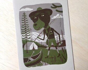 1 FISHING BEAR Camping Greeting Card, Letterpress, Framable Art, Hand Printed Letterpress Print corndog candy apple love sweet pink red