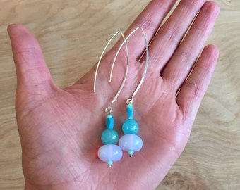 HANDMADE Blue EARRINGS, Natural Gemstones, Sterling Silver Ear Wires, Long Drop Earrings, One-of-a-Kind, Turquoise, Moonstone, Faceted Beads