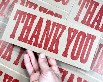 8 Red THANK YOU Flat Greeting Cards, Hand Printed Letterpress with Envelopes, express gratitude, grateful, kindness, sincere appreciation