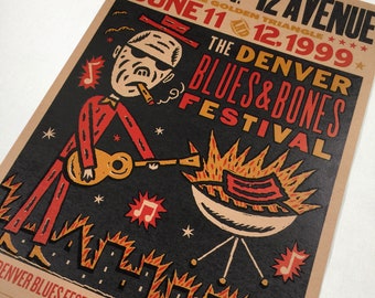 Barbecue Championship souvenir Denver BLUES and BONES hand printed letterpress poster, Blues music BBQ Colorado man cave decor John Mayall