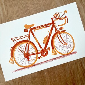 1 ROAD BICYCLE vintage style 10-speed hand printed letterpress illustration, bike lovers art, drop handlebars, mudflaps, yee haw, racer bike image 4