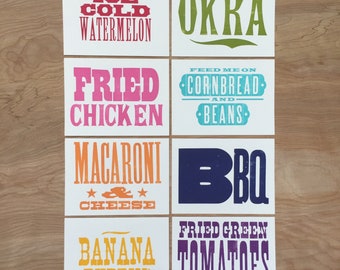 Set B COMFORT FOOD Greeting Cards  Kitchen art prints Southern Letterpress type Fried Chicken Banana Puddin Fried Green Tomatoes chef gift