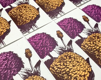 8 pack ZINNIA Pink and Orange Flowers Greeting Cards, Farmers Market Letterpress Card garden gift southern cards organic garden flora art