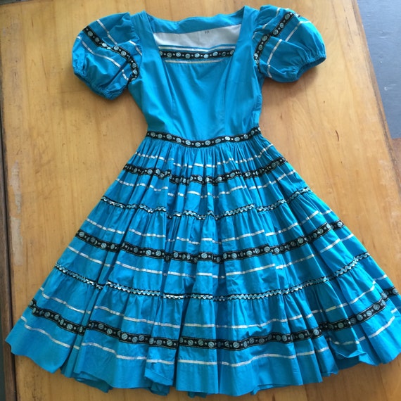 1950s PATIO DRESS, Turquoise cotton square dance d
