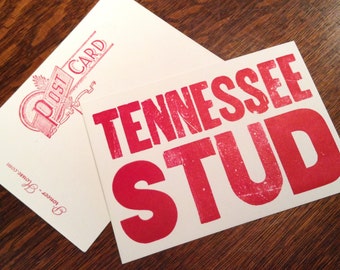 TENNESSEE STUD 6 hand printed letterpress small prints post cards, tennessee cowboy, man in black, johnny cash, wood type, red postcard