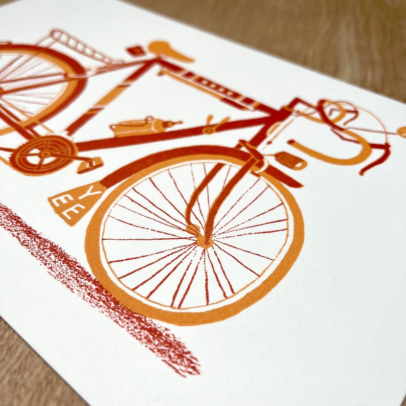 1 ROAD BICYCLE vintage style 10-speed hand printed letterpress illustration, bike lovers art, drop handlebars, mudflaps, yee haw, racer bike image 6