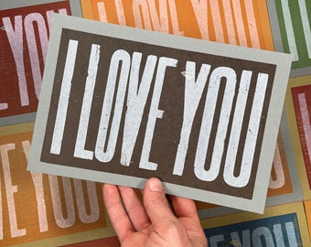 4 I LOVE YOU Cards Letterpress Hand Printed oversized A10 card recycled paper kraft envelopes, couples, valentine,