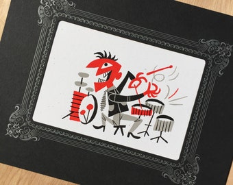 JIM FLORA DRUMMER Print in Hand Printed Letterpress Black Mat Vignette Art Musician Instrument Studio Wall Decor Gift Cubism Drum Set Drums