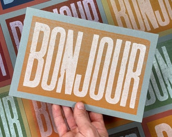 4 BONJOUR CARDS French print Paris decor Hello Cards Letterpress print Home decor Bonjour print Typographic print Hand printed Kitchen art