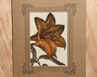 DAY LILY FLOWER Hand Printed Letterpress Print 8x10 in Kraft Mat Vignette art illustration spring blooming orange flora flowers