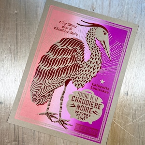 PINK CAJUN POSTER Blue Heron Black Pot Cookoff 2017, Hand Printed Letterpress Print, Louisiana Gifts, Cajun French art Southern Kitchen Gift