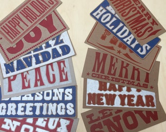 HOLIDAY Christmas CARDS MIXED 12 pack of 12 different designs hand printed letterpress recycled assorted decor set peace joy happy new year