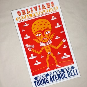 May include: A red poster with a yellow alien holding a ray gun. The alien has a large head with a yellow face and black eyes. The poster advertises a New Year's Eve show with the bands "Oblivians" and "Royal Pendleton's". The show is at the Young Avenue Deli.