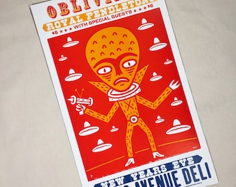 The OBLIVIANS hand printed letterpress poster with ROYAL PENDLETONS Memphis, vintage wood type, woodcut alien ufo art New Years Eve