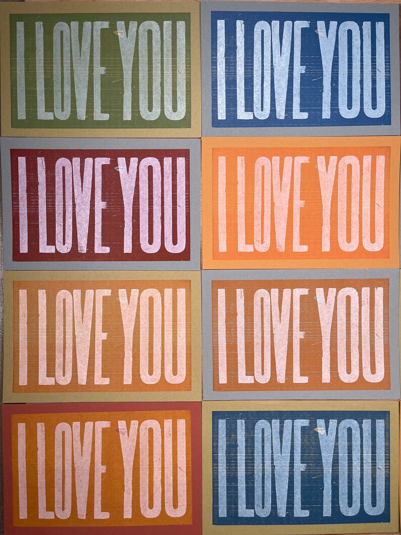 4 I LOVE YOU Cards Letterpress Hand Printed oversized A10 card recycled paper kraft envelopes, couples, valentine, image 5