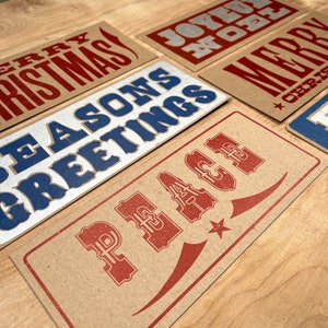 HOLIDAY BULK PACKS 48 cards 6 packs hand printed letterpress, Merry Christmas, Happy Holidays, Peace, Seasons Greetings, red & blue, rustic image 4