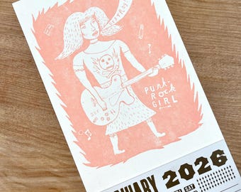 PUNK ROCK GIRL Pink Mini Calendar 2026 Hand Printed Letterpress, Riot Grrrl, guitar, musician gift, music lovers, concert teen feminist art