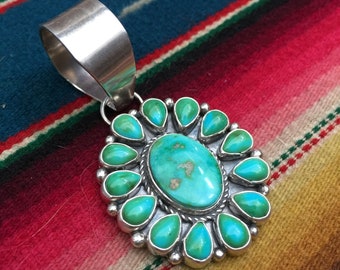 CARICO LAKE TURQUOISE Pendant Native American signed Sterling Silver Hand Made, Vintage, December birthstone, gift, jewelry, Teardrop