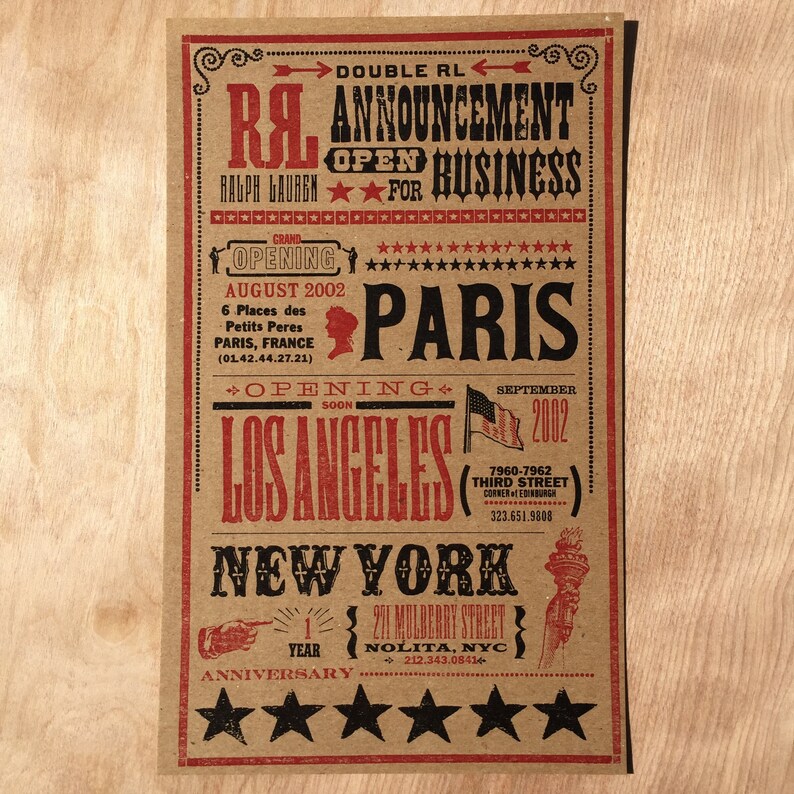 Ralph Lauren Double RL RRL Announcement Handmade Flyer Letterpress Wood ...