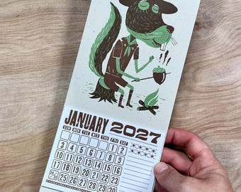 CAMPING SQUIRREL Mini CALENDAR 2027 Hand Printed Letterpress gift hikers campers scouts, hiking woods, Roasting acorns campfire art rangers