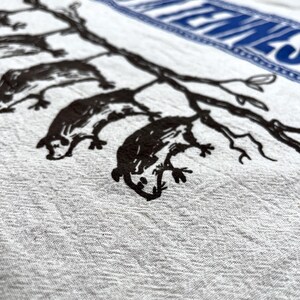 May include: A close-up of a white textile with a black illustration of possums on tree branches. The textile has a blue rectangular border with white text. The possums are in a stylized, illustrative style.