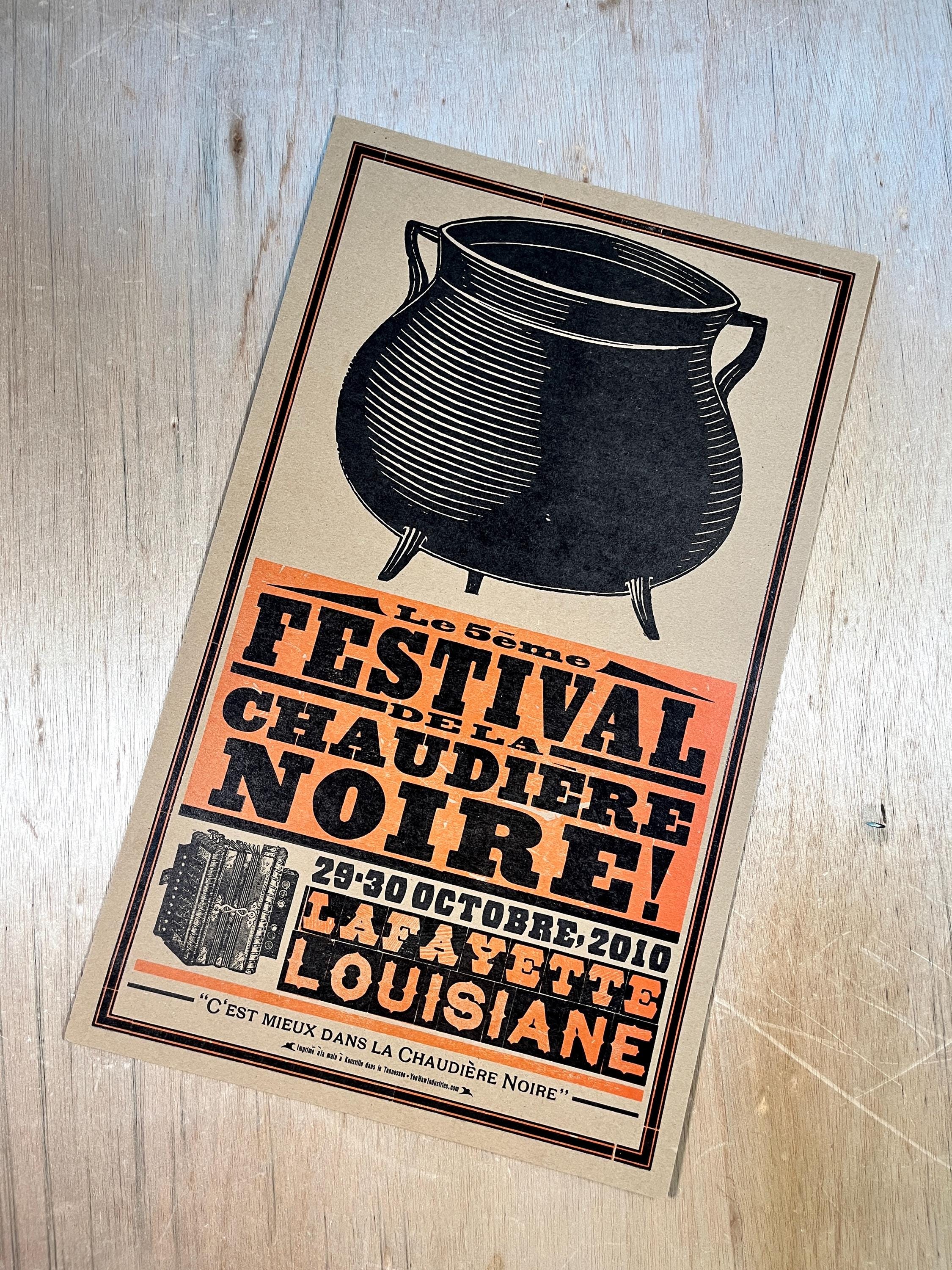 BLACK POT FESTIVAL 2010 Poster, Hand Printed Letterpress Print, Cajun art, Lafayette Louisiana, kitchen gift, zydeco music, cooking fest