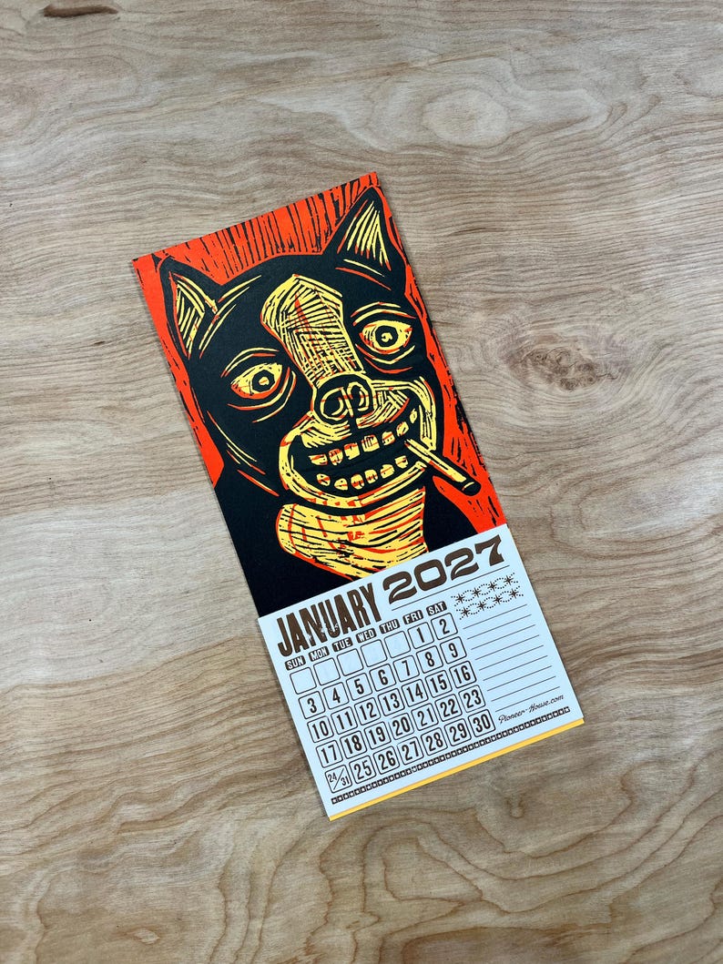 SMOKING DOG CALENDAR 2027 Hand Printed Letterpress, small woodcut, canine lovers gift, pet people, funny dogs, secret santa stocking stuffer bild 6