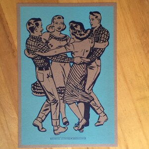 2 SQUARE DANCE POSTERS hand printed letterpress, turquoise art, vintage dance print, square dance art, couples dancing, southern social image 3