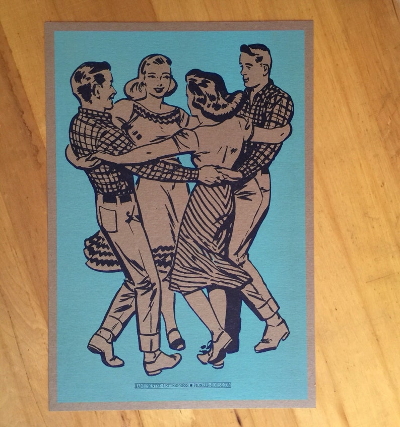 2 SQUARE DANCE POSTERS hand printed letterpress, turquoise art, vintage dance print, square dance art, couples dancing, southern social image 3