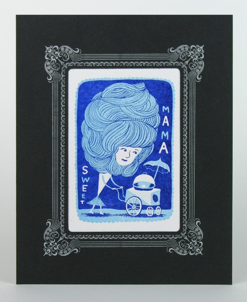 blue COTTON CANDY LADY pushing baby/candy maker pram in Black Vignette hand printed letterpress carnival sideshow county fair art decor image 1